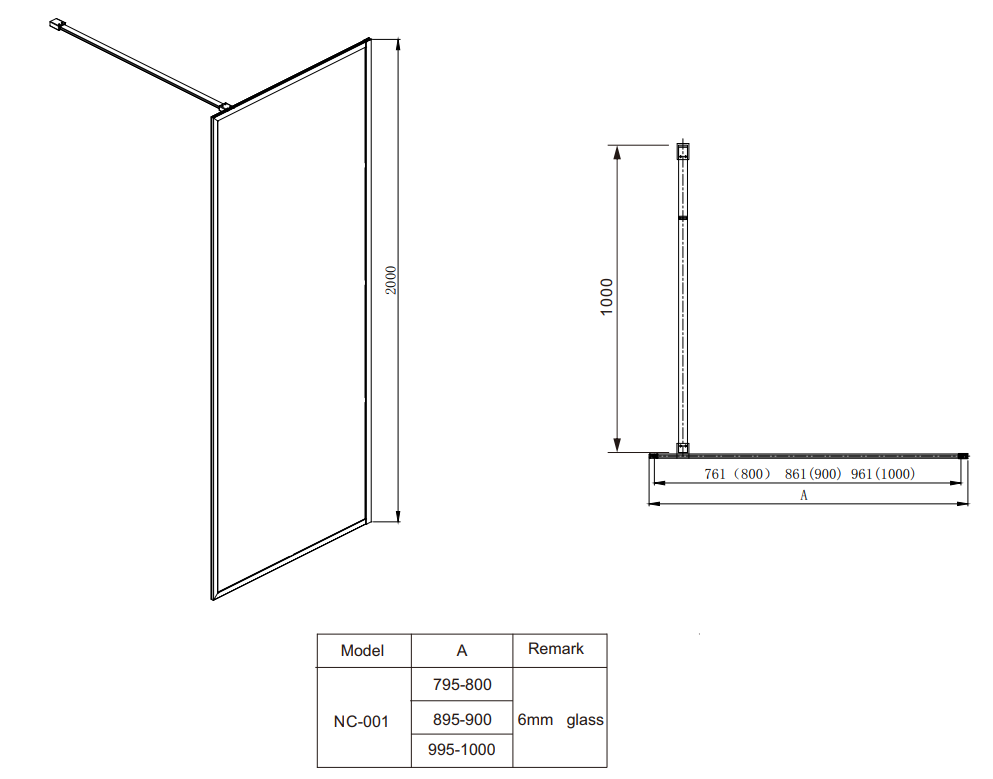 Technical drawing of a Covey Framed Walk-In Single Panel Shower Screen with Support Bar with dimensions and model details.