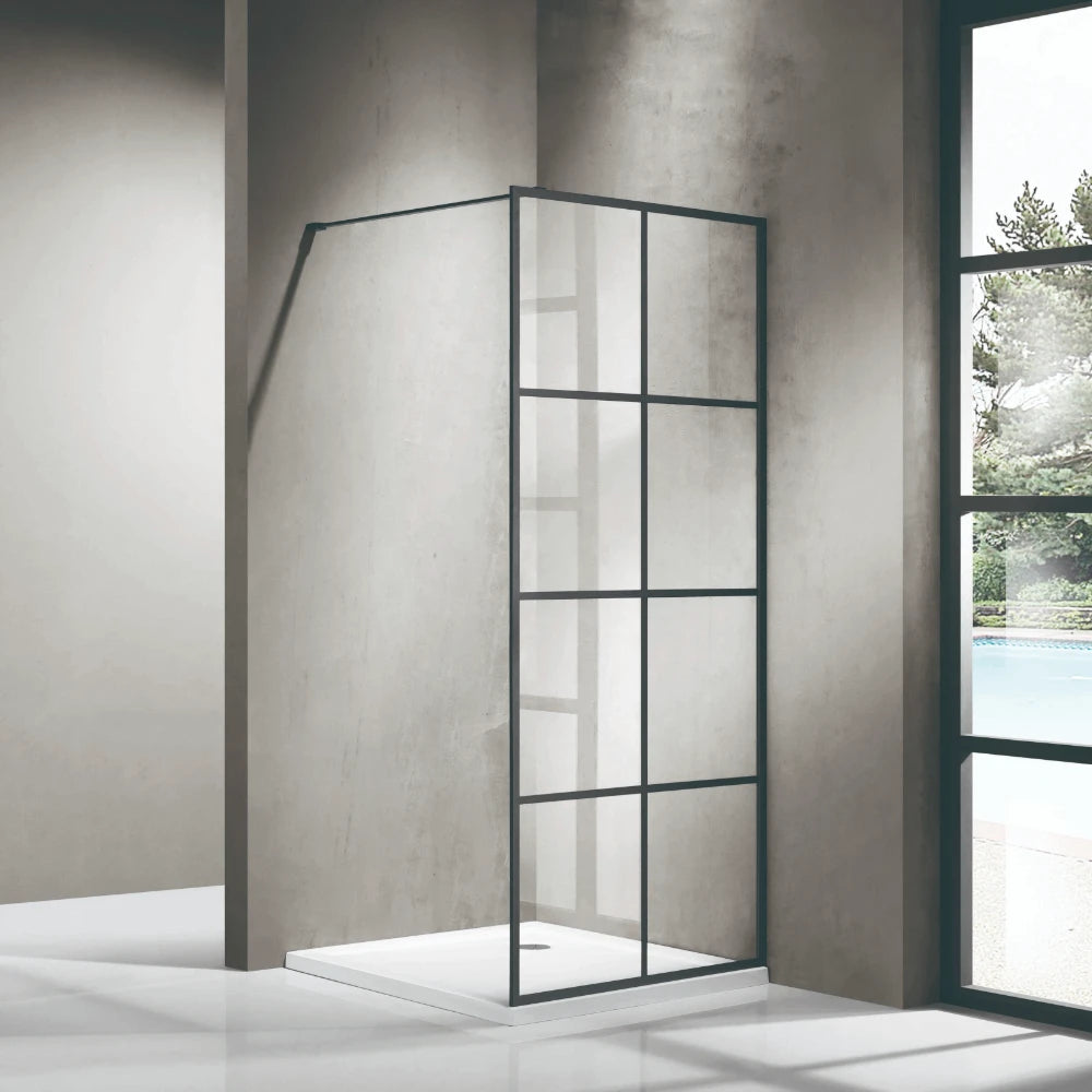 Covey NC002SG matte black framed walk-in shower screen with 8-printed grills and support bar.