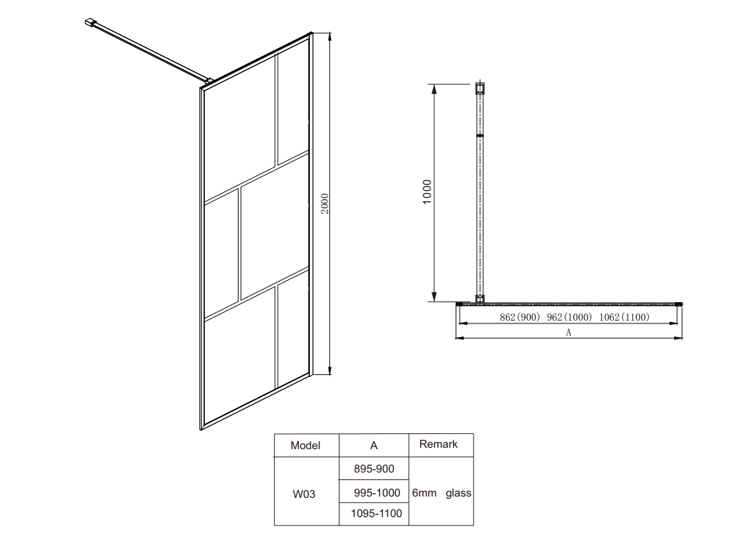 Technical drawing of a covey sliding shower door with dimensions and model details.