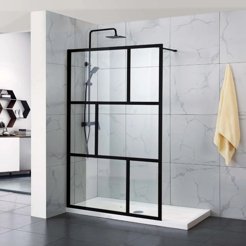 Covey NC003SG Framed 6-Printed Irregular Grills Walk-In Single Panel Shower Screen with Support Bar