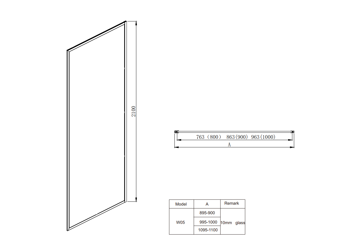Technical drawing of a Covey NC005 matte black fully framed walk-in shower screen with dimensions and model details.