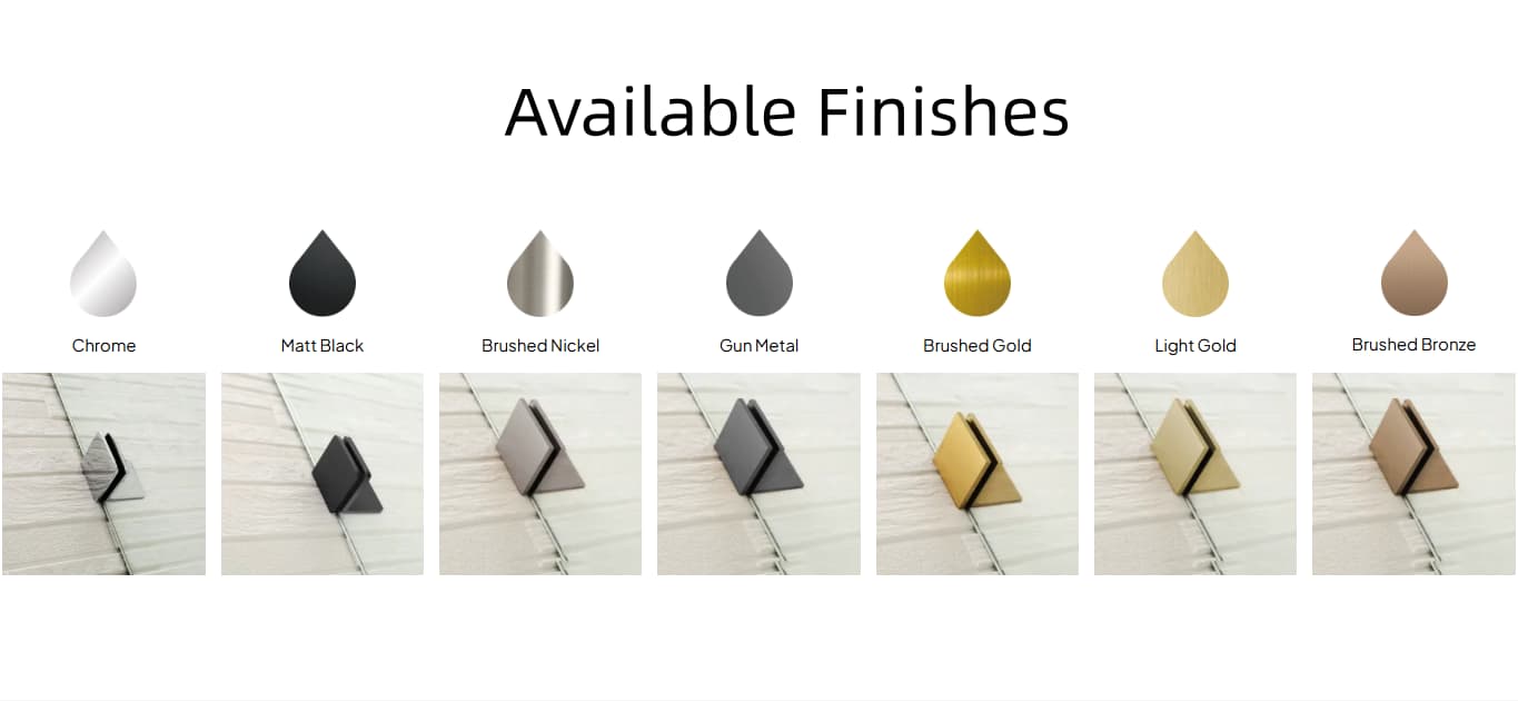 covey shower screen available finishes displayed with corresponding color swatches on a white background.