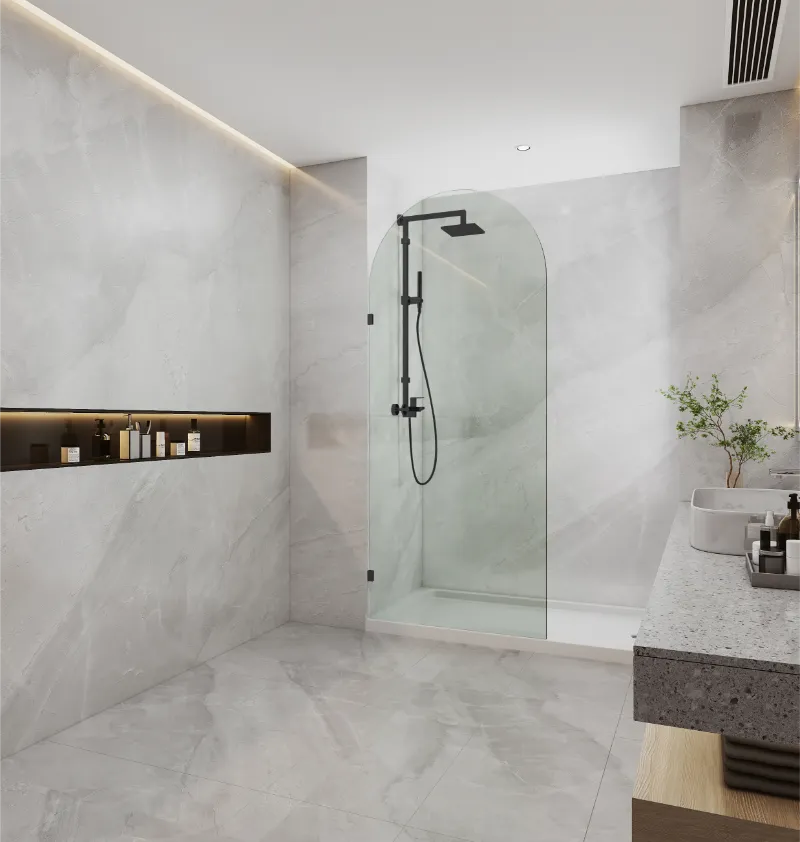 Covey frameless walk-in top arch clear glass shower screen panel with matt black fitting in a contemporary bathroom