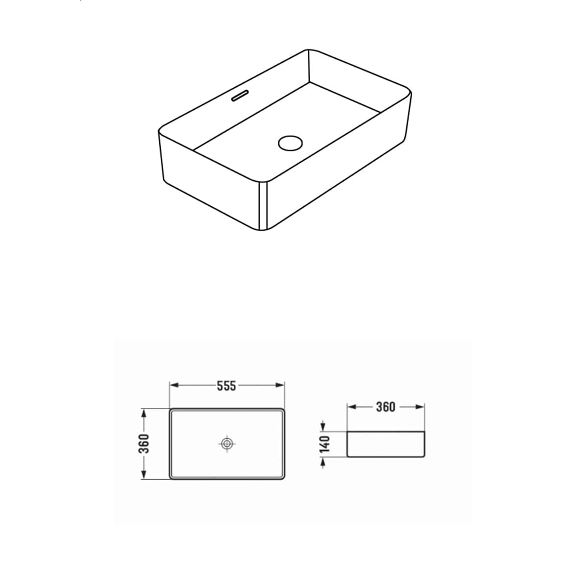 Crete rectangular bathroom sink line drawing with dimensions 555x360x140mm