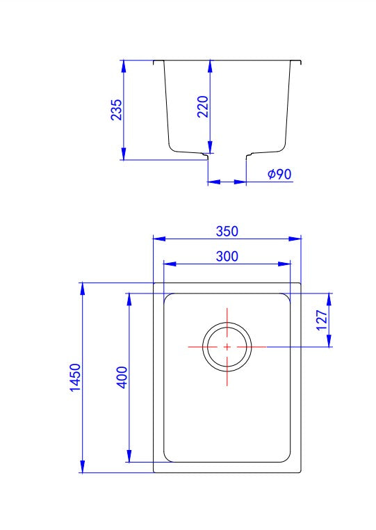 Crete granite sink technical drawing with dimensions 350x450x235mm, Secasa Home kitchen sink