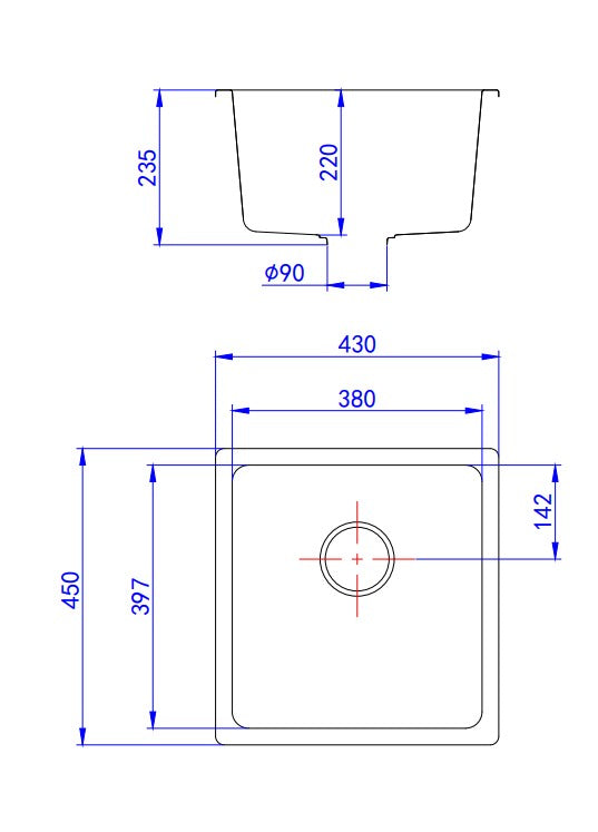 Crete granite sink dimensions diagram, 430x450x235mm, Secasa Home kitchen sink