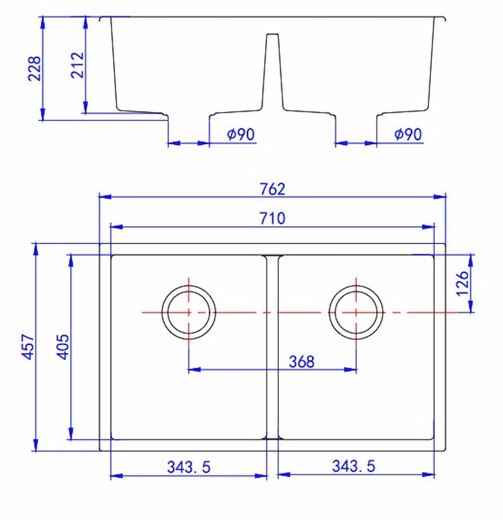 Crete granite double kitchen sink technical drawing with dimensions 762x457x241mm