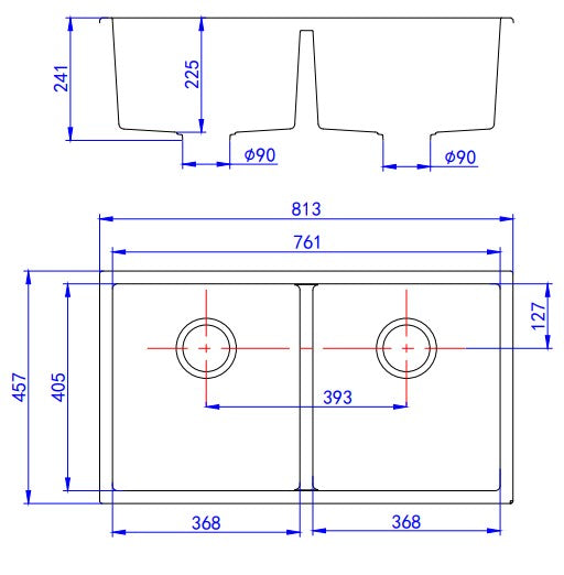 Crete granite double bowl kitchen sink diagram with detailed dimensions, Secasa Home.
