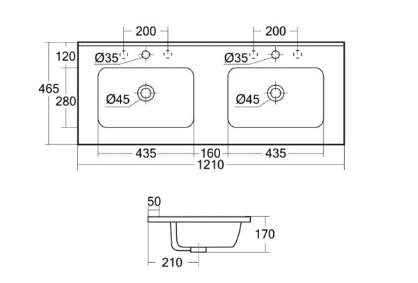 Dimension diagram for Eden 1200mm double ceramic top