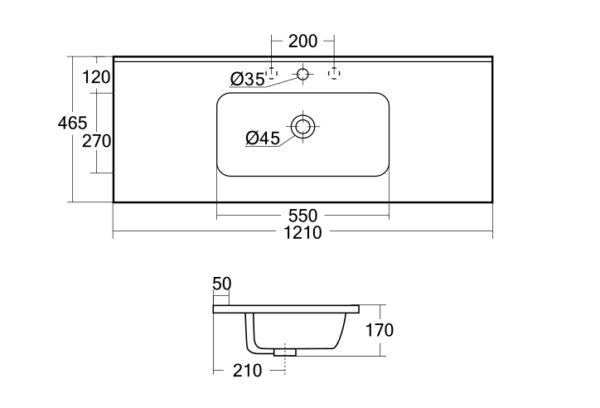 Dimension diagram for Eden 1200mm single ceramic top