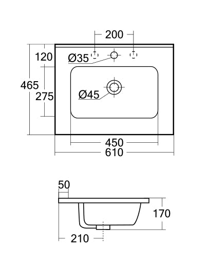 Dimension diagram for Eden 600mm single ceramic top