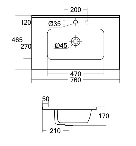 Dimension diagram for Eden 750mm single ceramic top