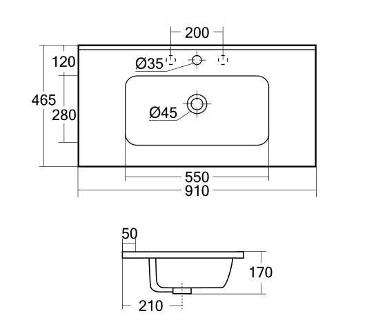 Dimension diagram for Eden 900mm single ceramic top