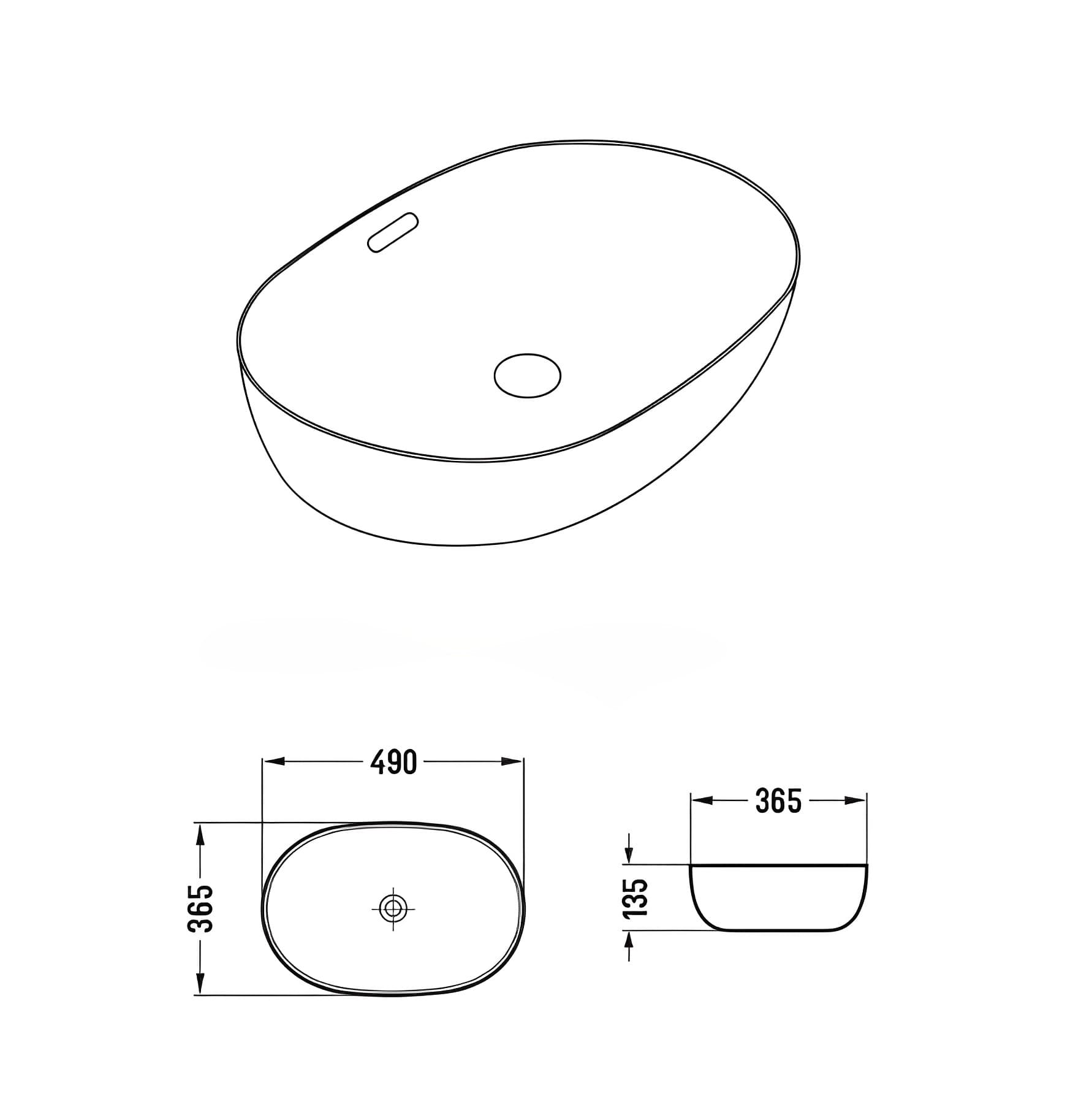 Ellips LK ELA490 oval bathroom basin dimensions diagram, 490mm wide, Secasa Home