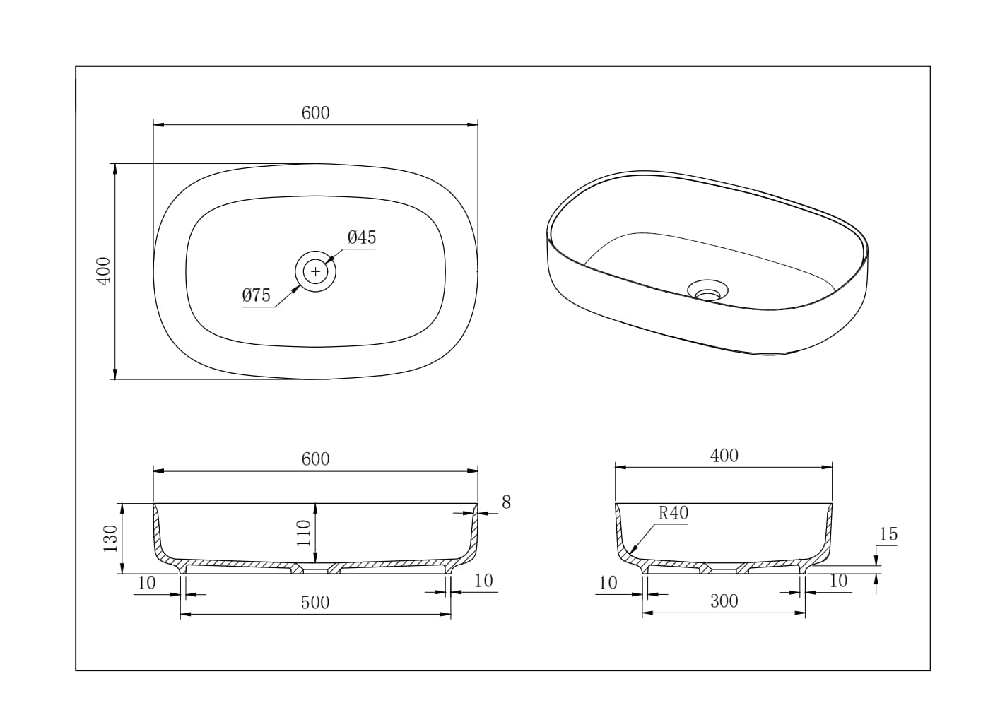 Ellips Solid Surface Above Counter Basin 600×400×130mm dimensions