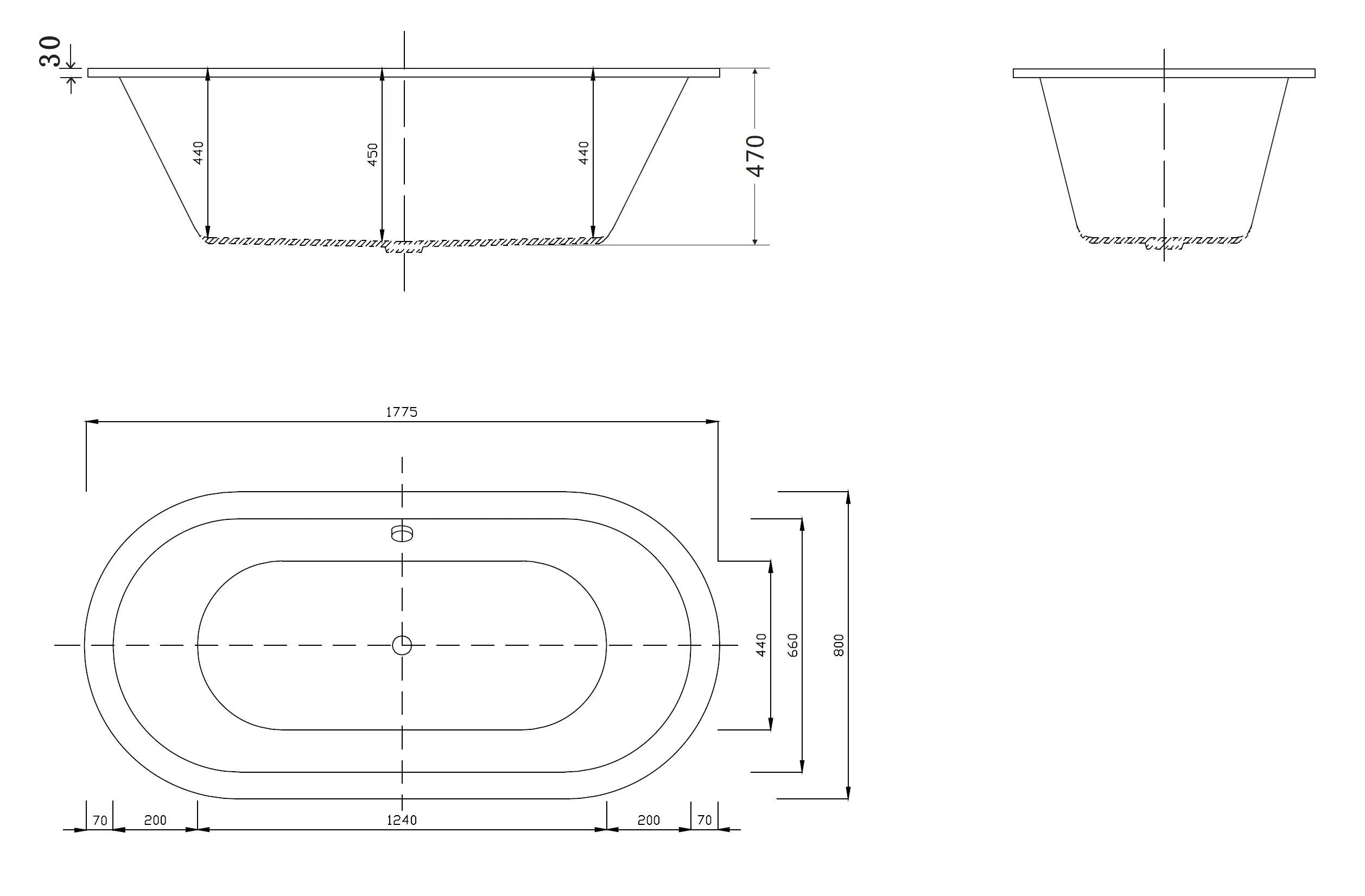 Installation guide and cutout measurements for the Florentine 1775mm Oval Drop-in Spa Bathtub.