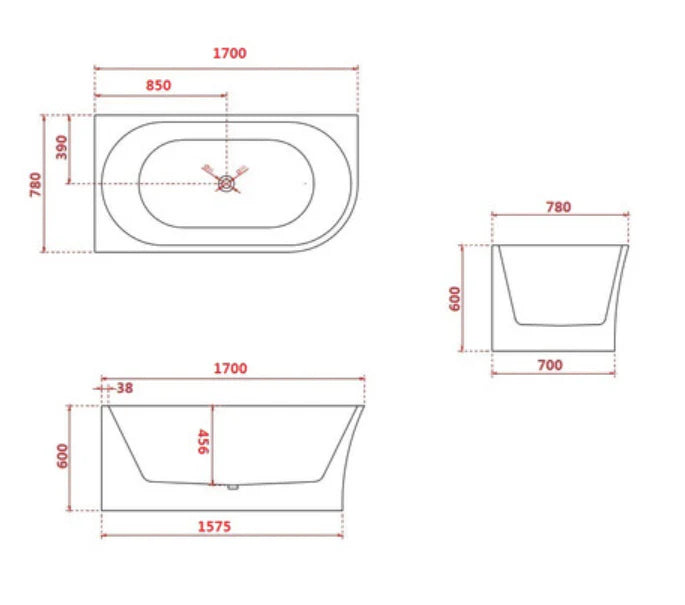 Installation guide and cutout measurements for the FS7 1700mm Back to Wall Freestanding Spa Tub.