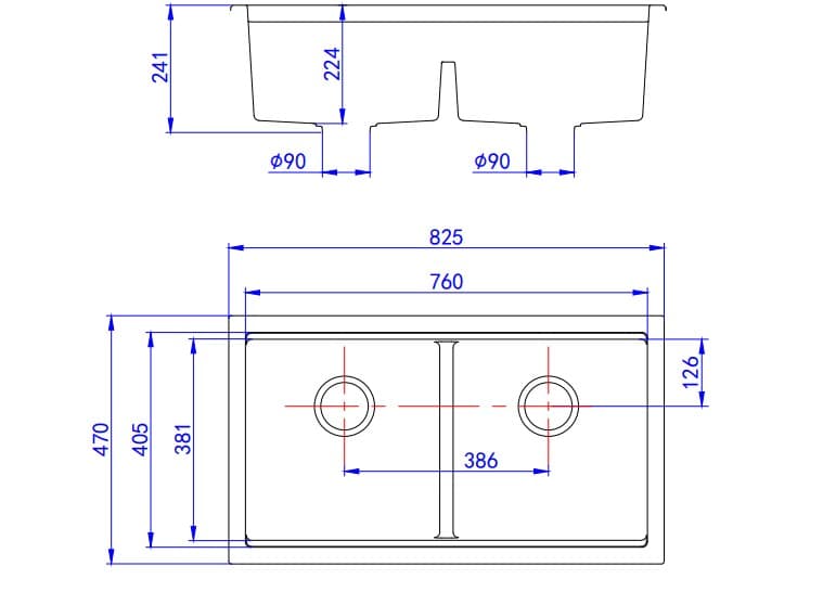 Gabrio granite double bowl kitchen sink dimensions, technical drawing with measurements.