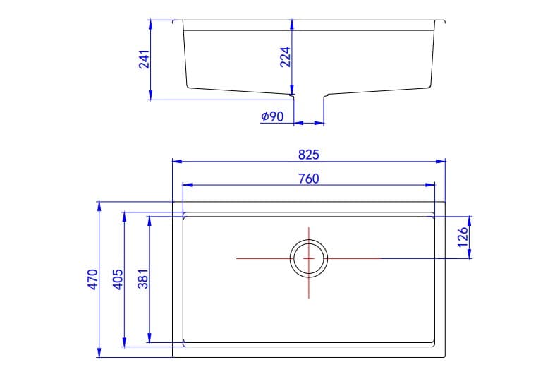 Gabrio granite workstation sink 825mm single bowl technical dimensions diagram