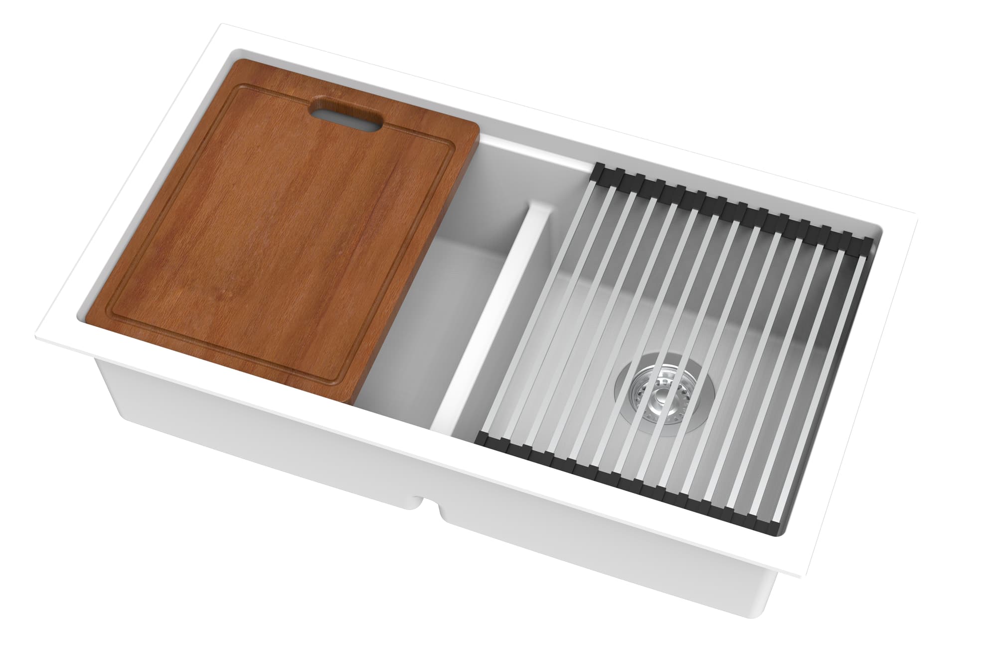 Arctic white double bowl granite kitchen sink with wooden chopping board and drying rack