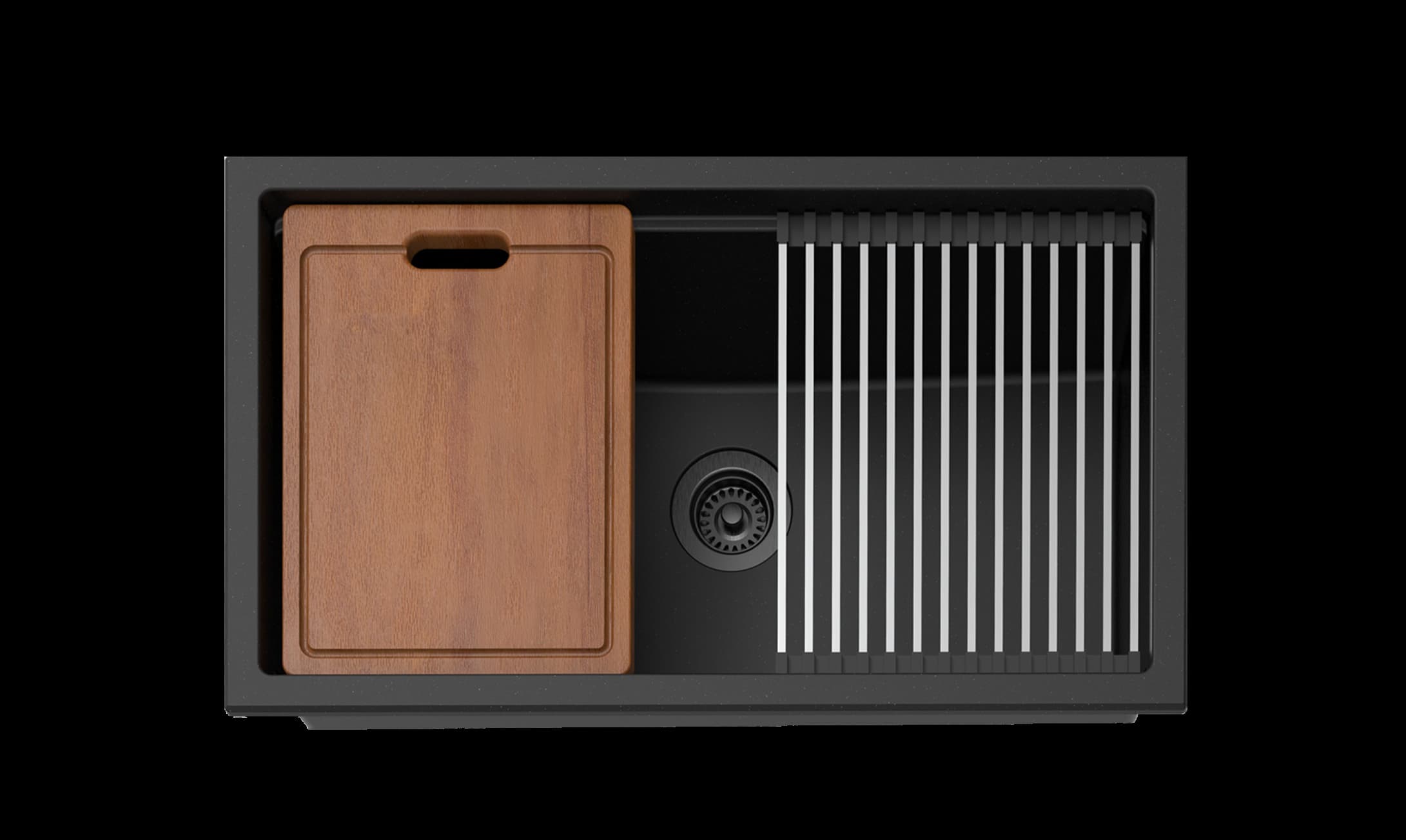 Gabrio Granite Workstation Sink 825mm Single Bowl Matte Black – modern undermount or topmount kitchen sink with accessories