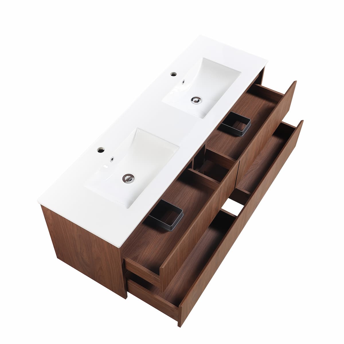 Gladstone Mocha Oak Vanity with white countertop and wooden drawers on a white background