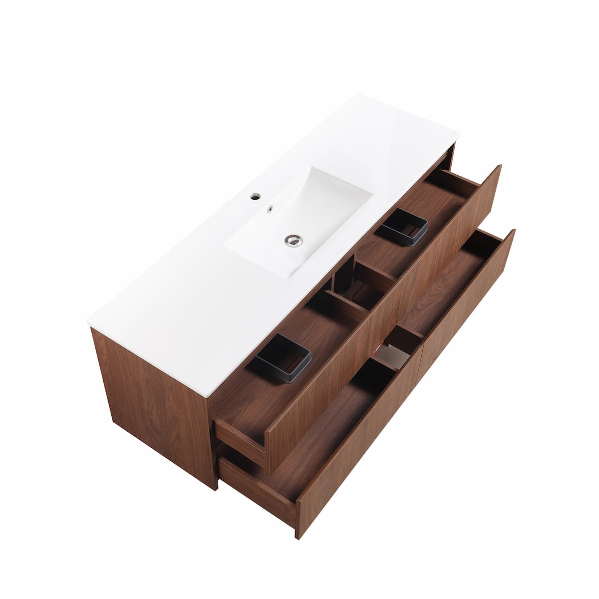 Bathroom vanity with white countertop and wooden base on a white background