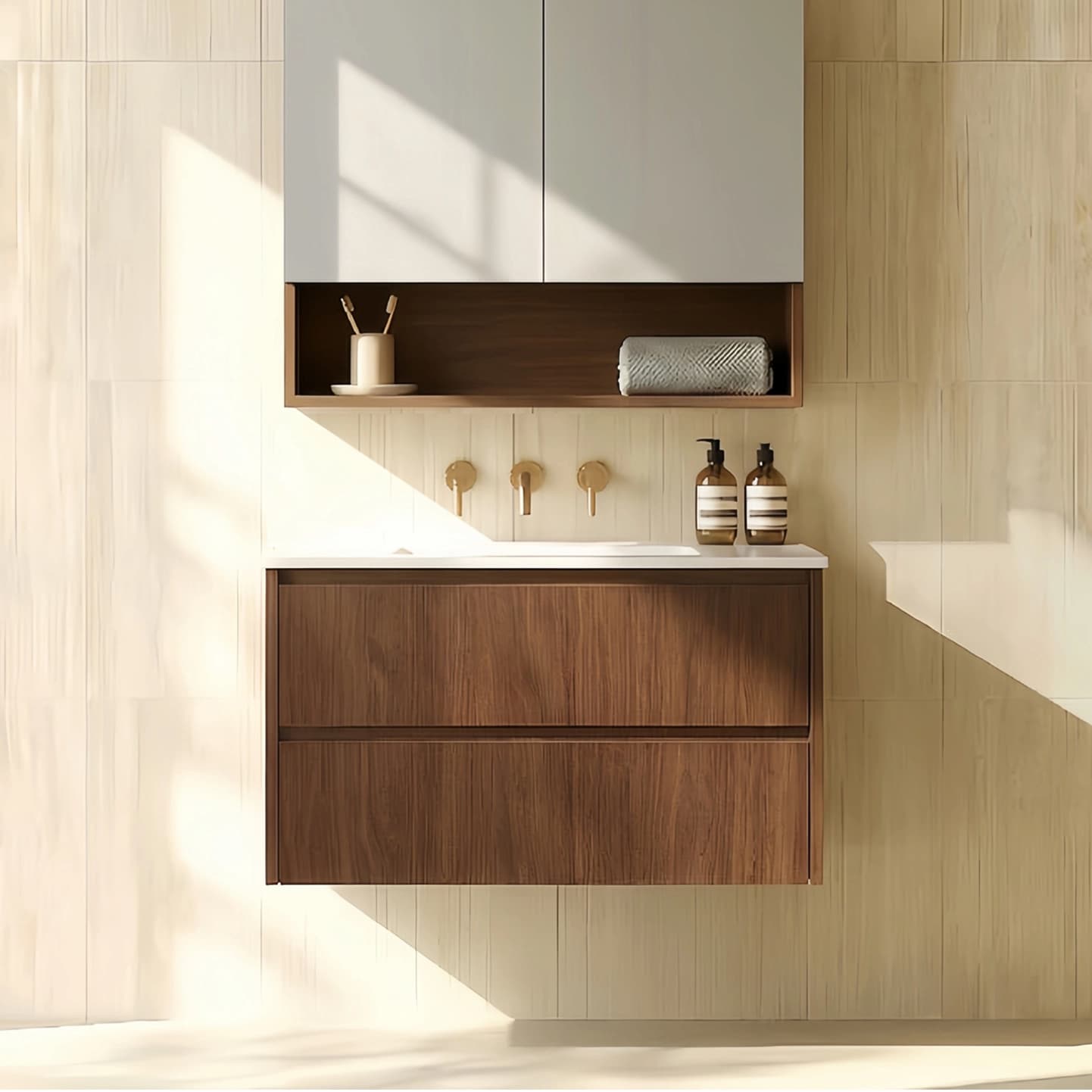 Bathroom vanity with wooden cabinets and white countertop against a light wood wall.