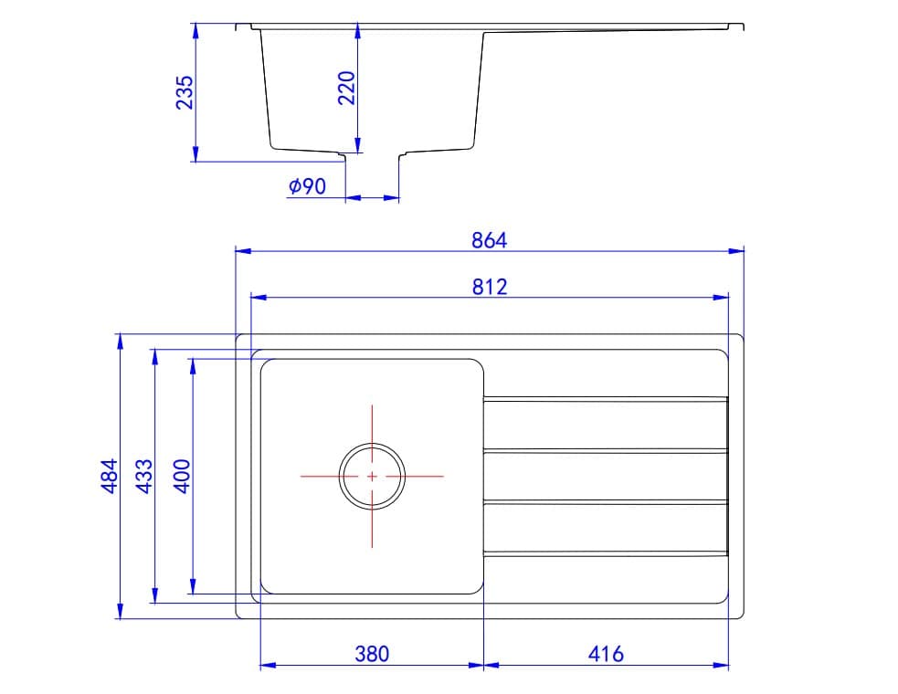 Granite sink workstation 864mm dimension drawing for modern kitchen, Secasa Home