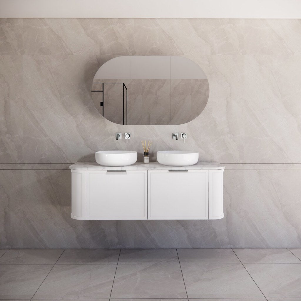 Modern bathroom featuring the Houston matte white curved wall hung vanity, creating a spacious and contemporary feel.