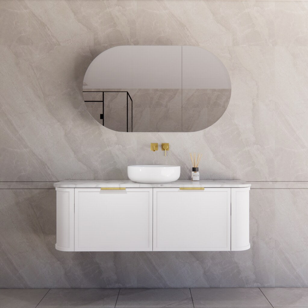Modern bathroom featuring the Houston matte white curved wall hung vanity 1500mm with brushed gold handles single bowl, creating a spacious and contemporary feel.