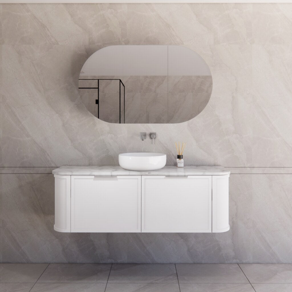 Modern bathroom featuring the Houston matte white curved wall hung vanity 1500mm with brushed nickel handles single bowl, creating a spacious and contemporary feel.