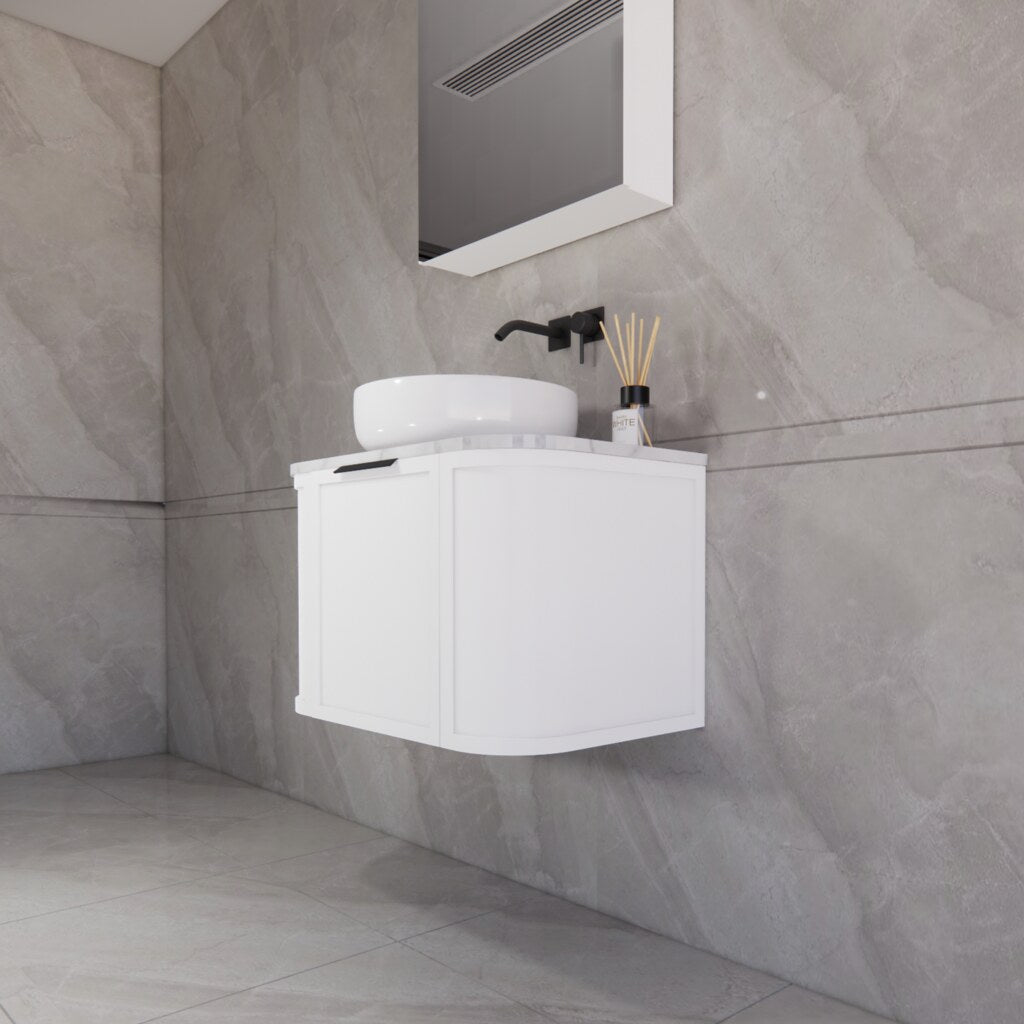 Modern bathroom featuring the Houston matte white curved wall hung vanity750mm with matt black handles, creating a spacious and contemporary feel.