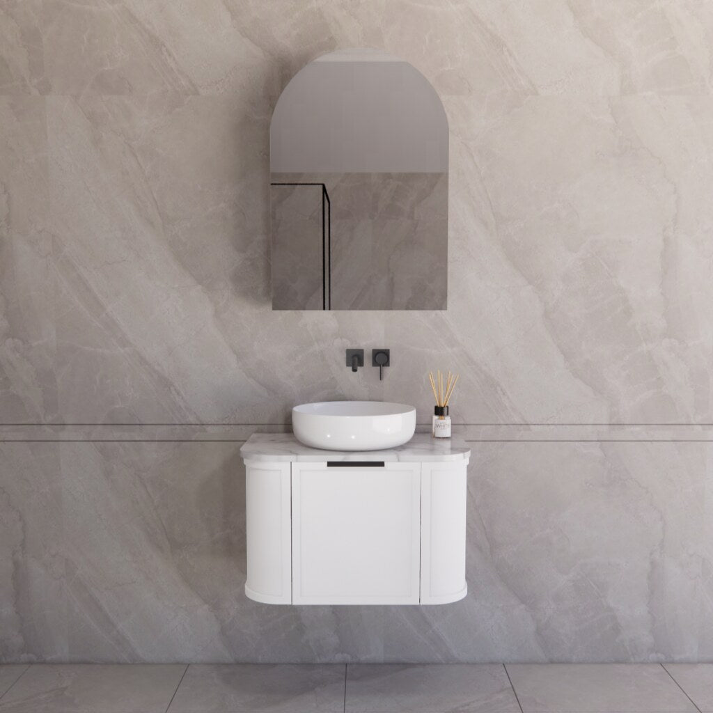 Modern bathroom featuring the Houston matte white curved wall hung vanity 900mm, creating a spacious and contemporary feel.