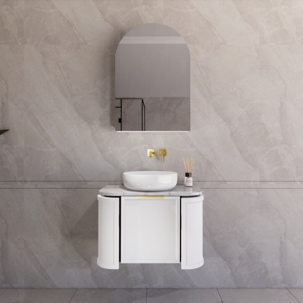Front view of the Houston wall hung vanity, highlighting its seamless curved design and ample storage drawers.