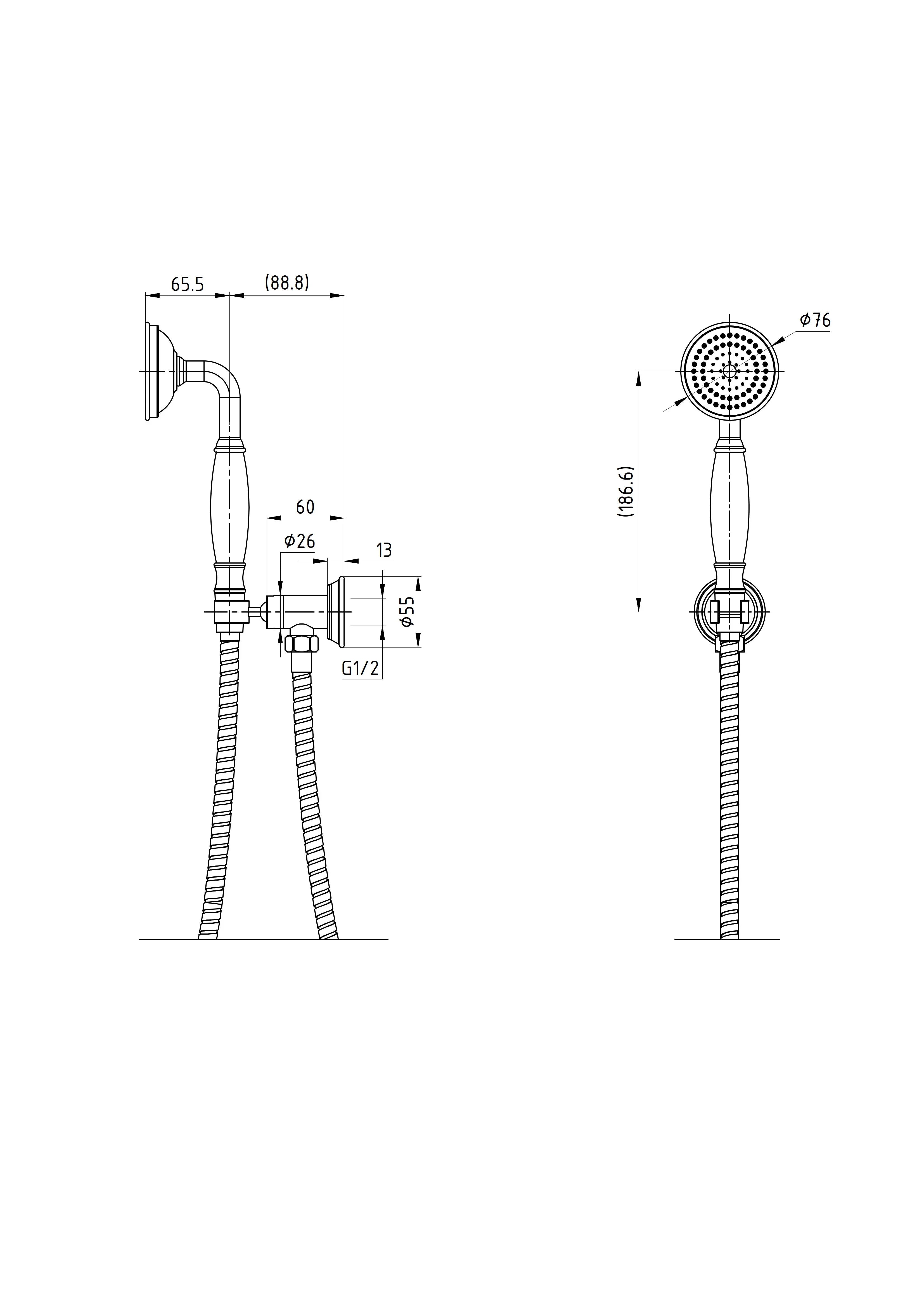 Technical drawing of modern handheld showerhead with hose, wall mount, and measurements, Secasa Home.