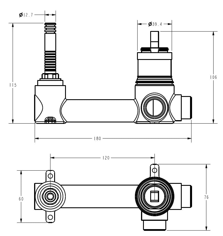 Technical drawing of a bathroom tapware valve with measurements, Secasa Home plumbing product