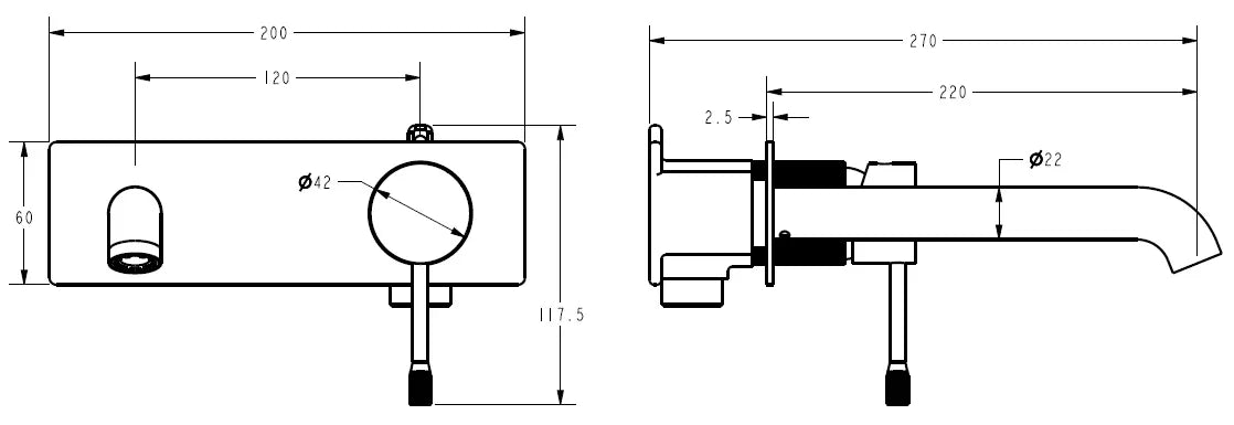 Technical drawing of a modern wall-mounted bathroom mixer tap with measurements, Secasa Home.