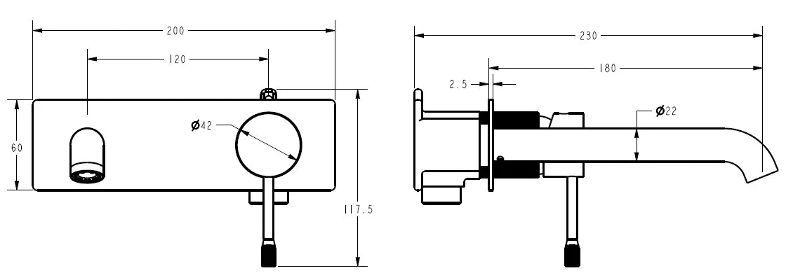 Wall-mounted bathroom tapware technical drawing with measurements, Secasa Home modern design.