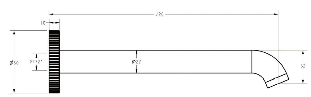 Technical drawing of a modern bathroom tapware spout, 220mm length, for Secasa Home renovation.