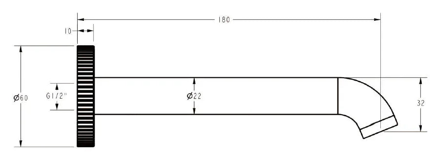 Technical drawing of a wall-mounted bathroom tap spout with measurements, Secasa Home.