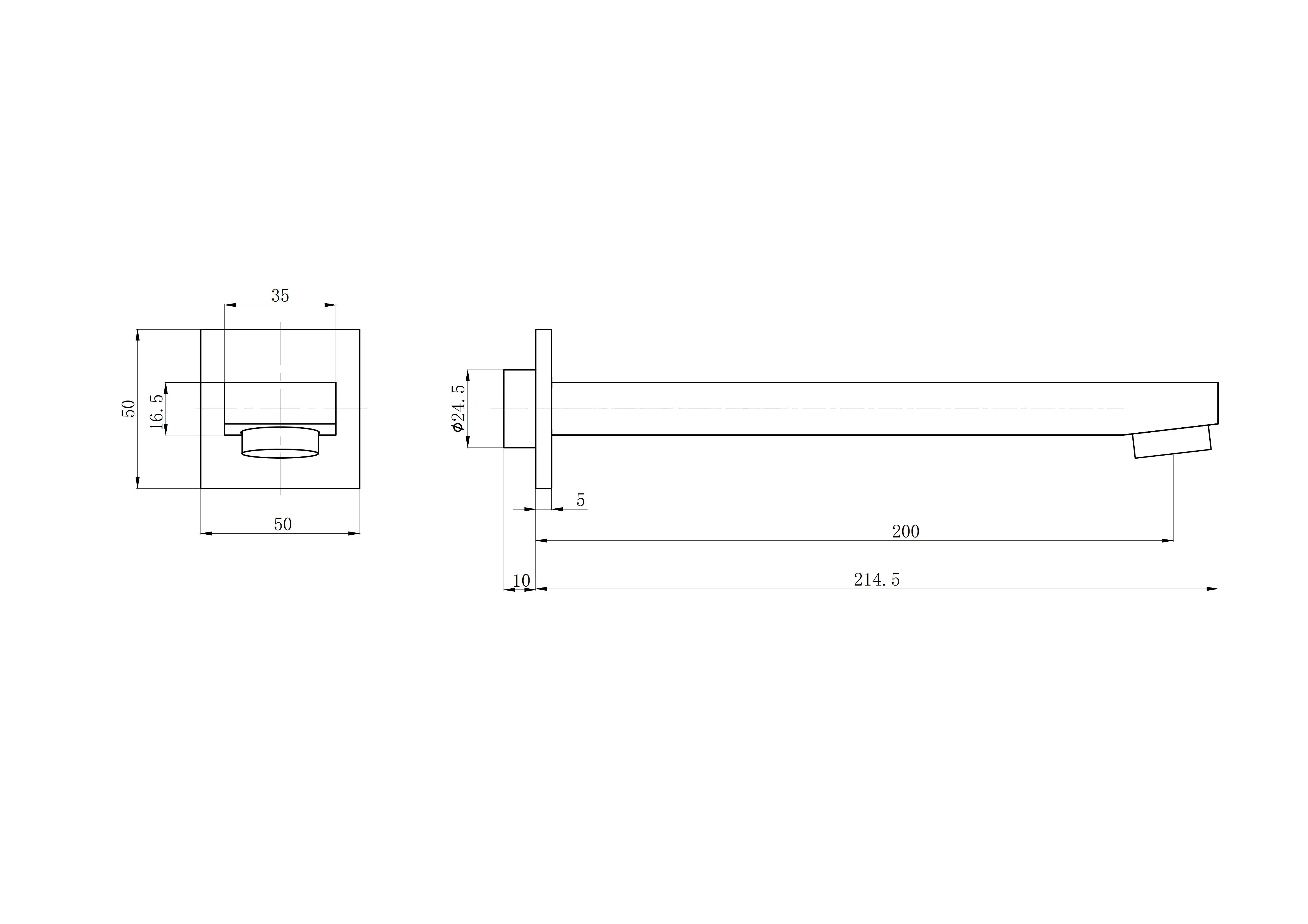 Technical drawing of a modern wall-mounted bathroom spout with measurements, Secasa Home.