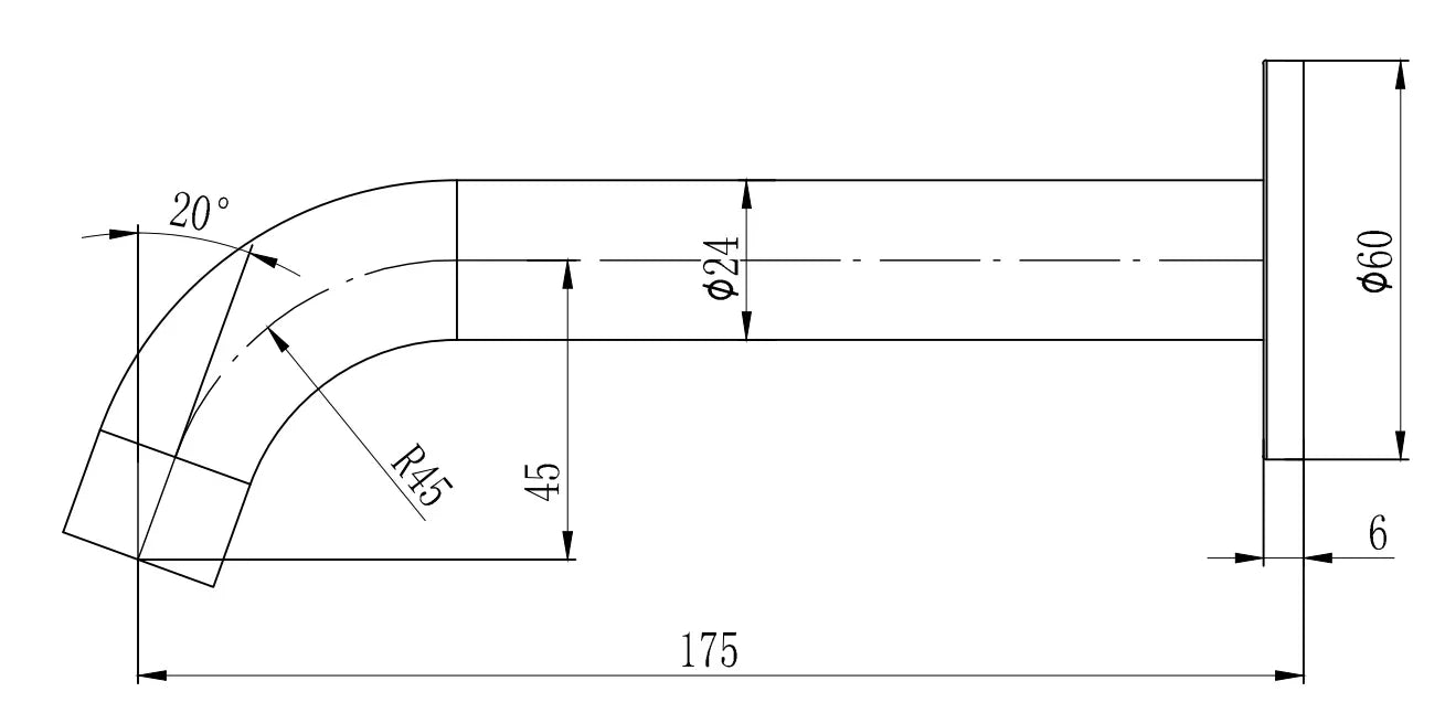 Technical drawing of a modern bathroom spout with precise dimensions, ideal for Secasa Home renovations.