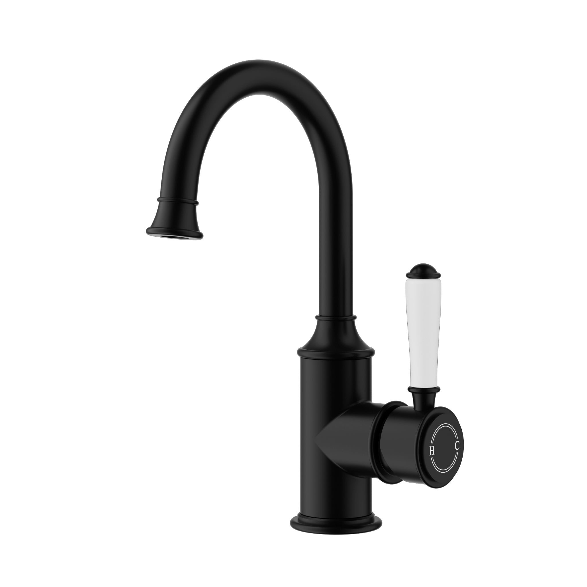 IKON CLASICO Gooseneck Basin Mixer with Ceramic Handle | Chrome, Brushed Nickel, Matte Black, Brushed Gold
