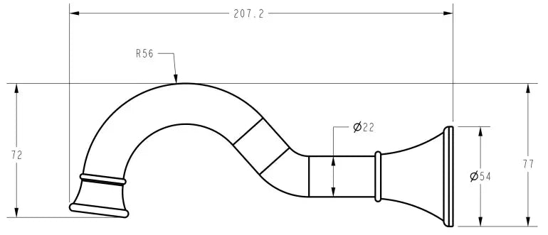 Secasa Home bathroom vanity tapware technical drawing, curved spout with dimensions