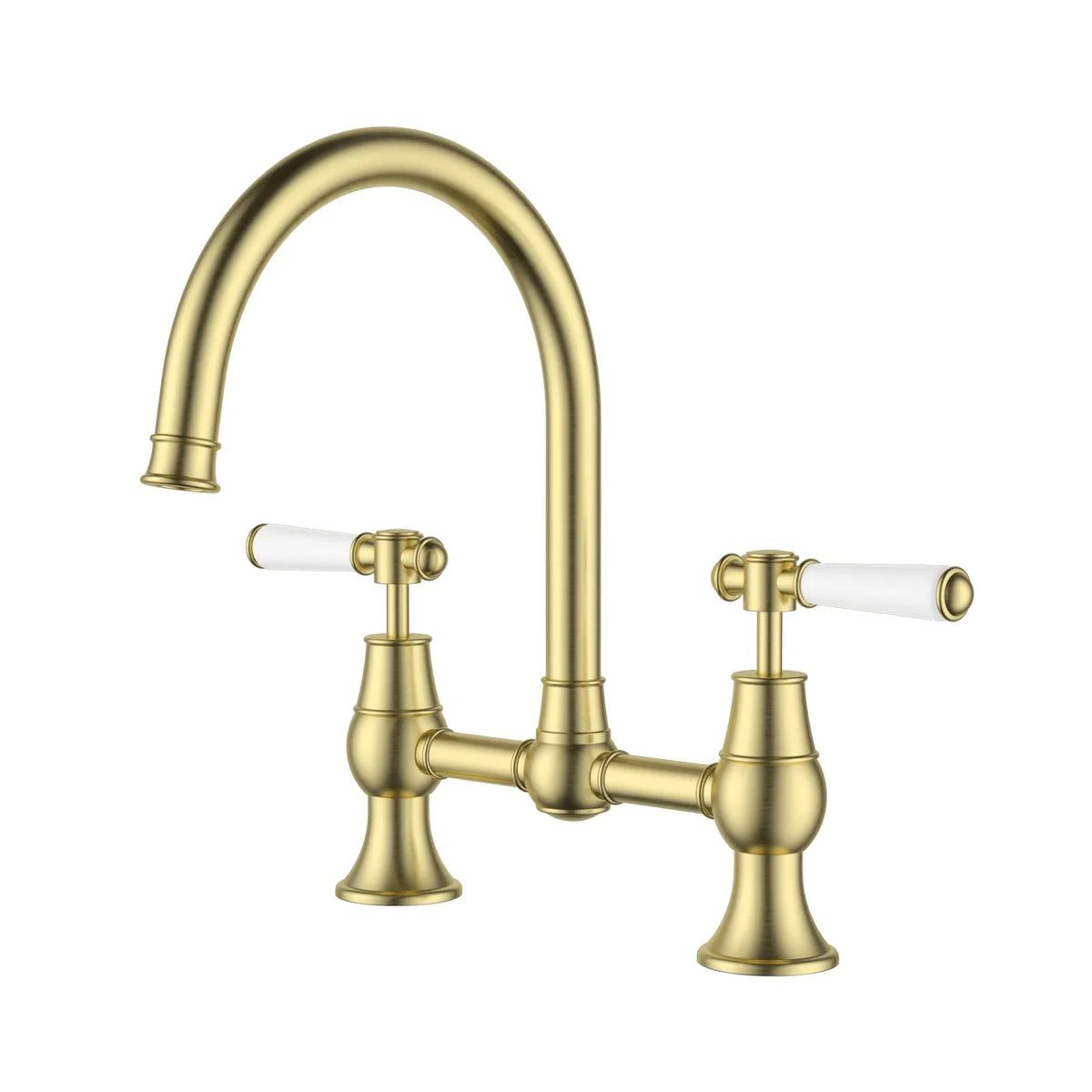 IKON Clasico bridge kitchen tap with ceramic handles – brushed gold