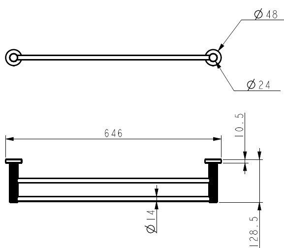 Technical drawing of IKON Linie Double Towel Rail 600mm on a white background