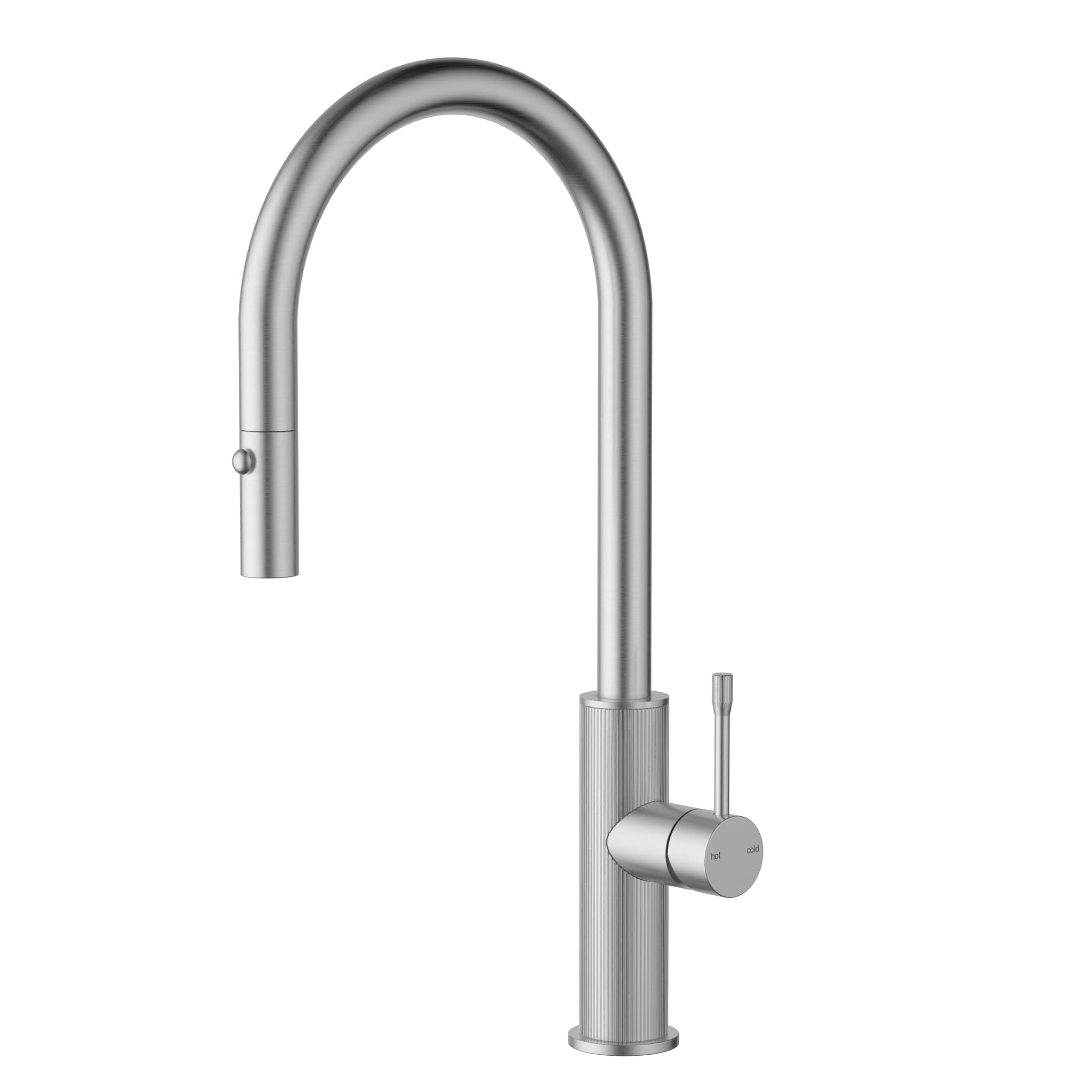 Stainless steel Ikon Linie Pull Out Sink Mixer in Brushed Nickel - 5 Star WELS Kitchen Tapware on a white background