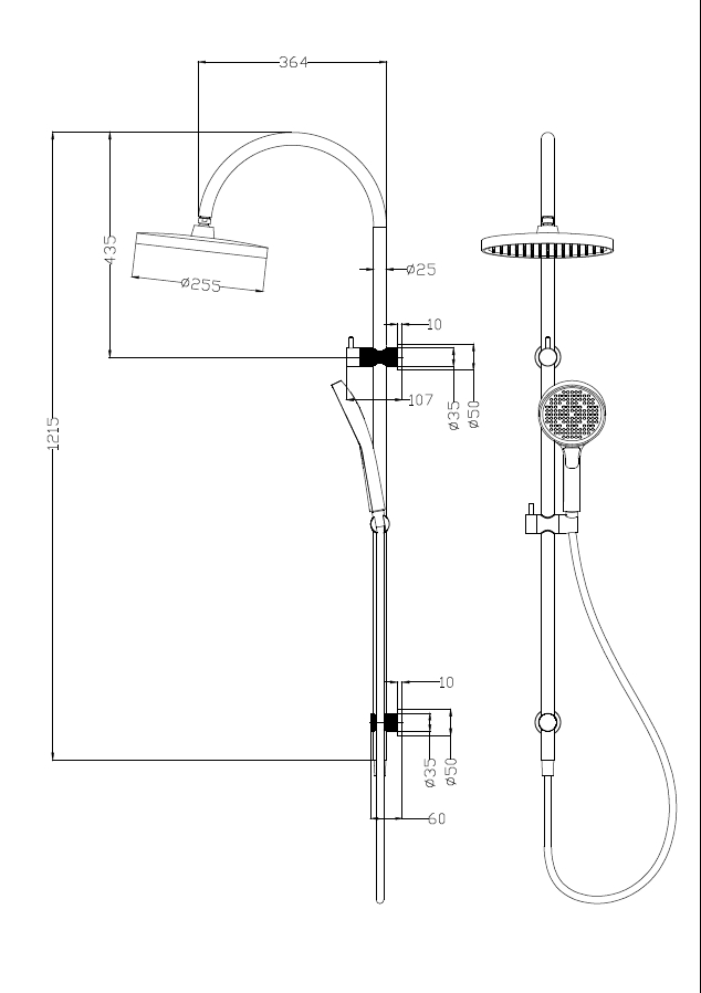 Technical drawing of IKON Linie Round Multi-Function Twin Shower Set
