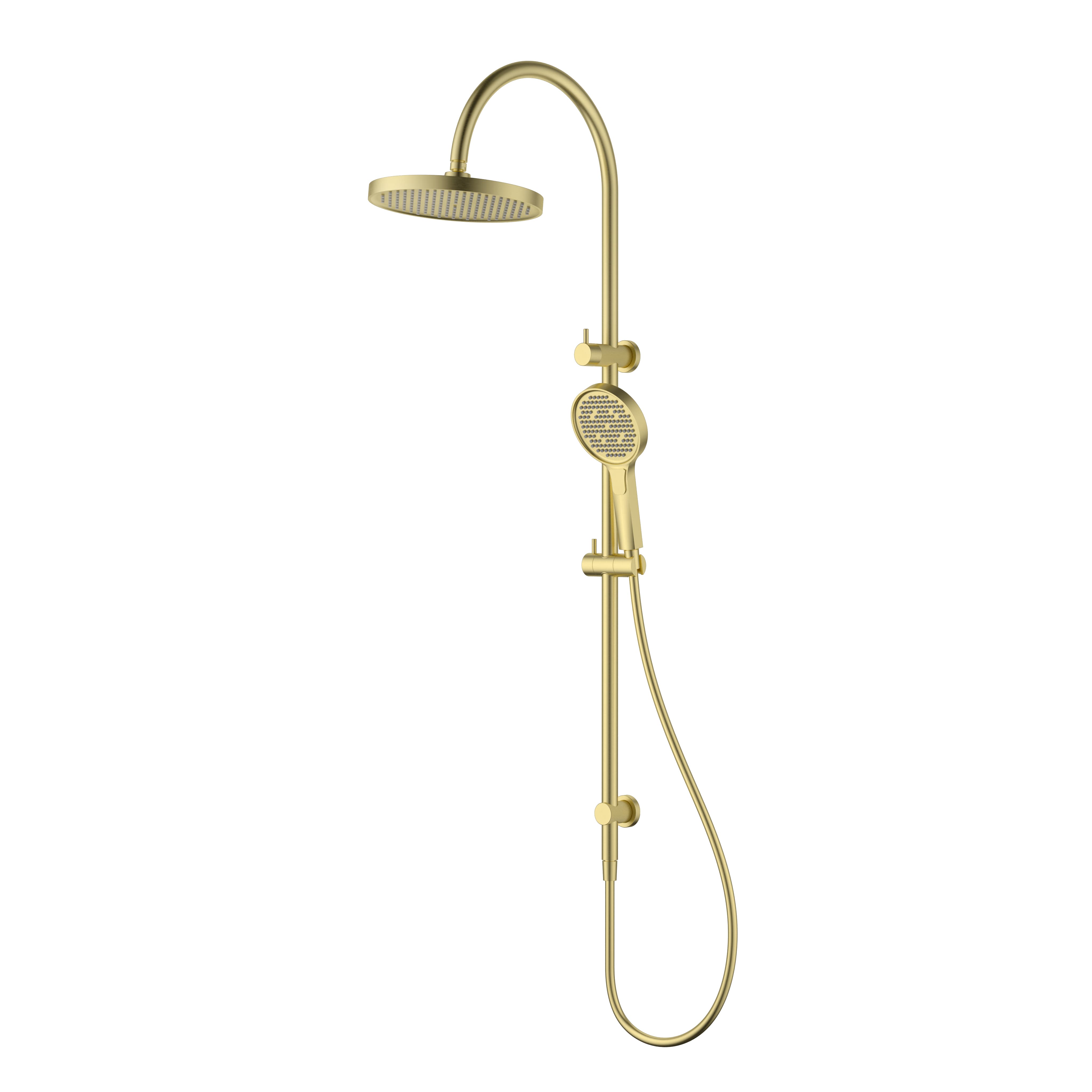 IKON Linie Round Multi-Function Twin Shower Set in Brushed Gold finish on a white background